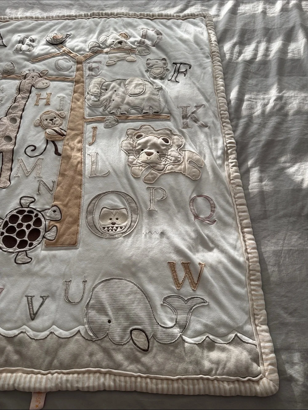 Embroidered Animal Alphabet Baby Blanket - Cream & Tan